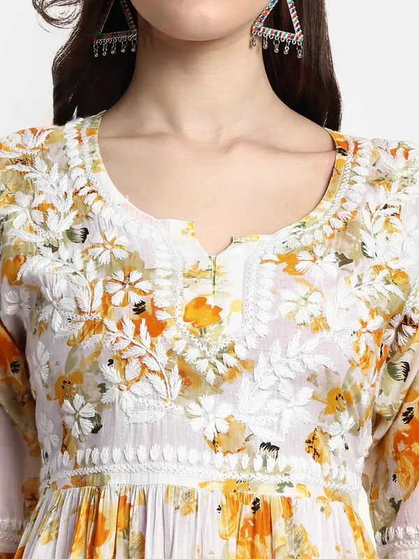 Sunshine_Yellow_Lucknow_Chikankari_Hand_Embroidered_Tiered_Kurti_Malmal_Cotton