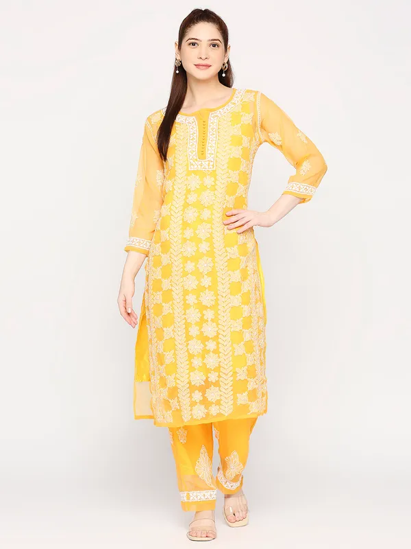 Mustard_Lucknowi_Chikankari_Hand_Embroidered_Long_Kurti_Palazzo_Set_With_Matching_Inner_Georgette