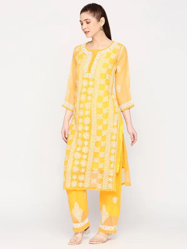 Mustard_Lucknowi_Chikankari_Hand_Embroidered_Long_Kurti_Palazzo_Set_With_Matching_Inner_Georgette