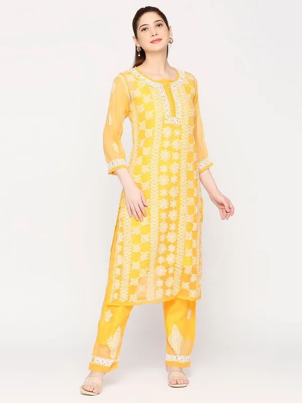 Mustard_Lucknowi_Chikankari_Hand_Embroidered_Long_Kurti_Palazzo_Set_With_Matching_Inner_Georgette