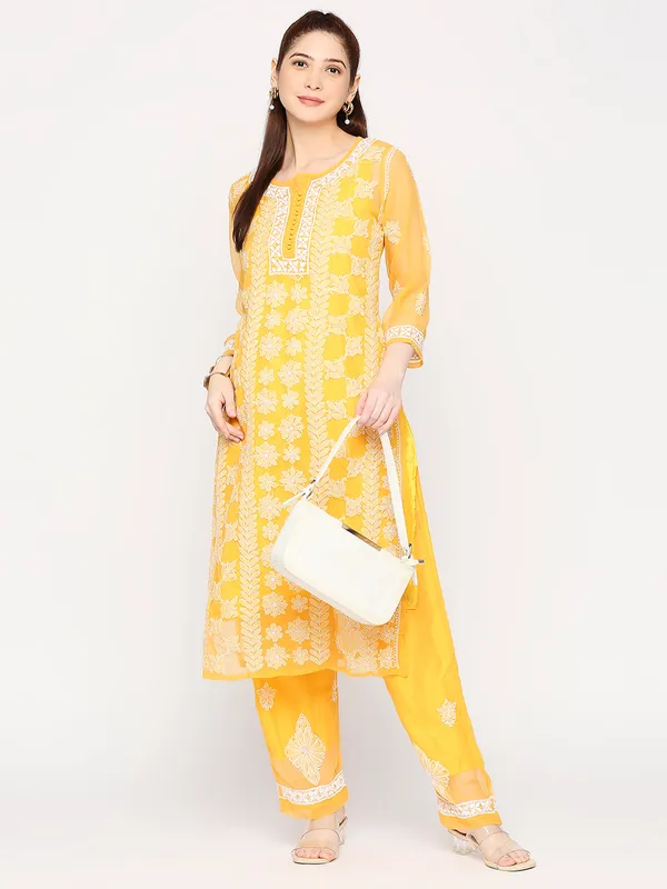 Mustard_Lucknowi_Chikankari_Hand_Embroidered_Long_Kurti_Palazzo_Set_With_Matching_Inner_Georgette