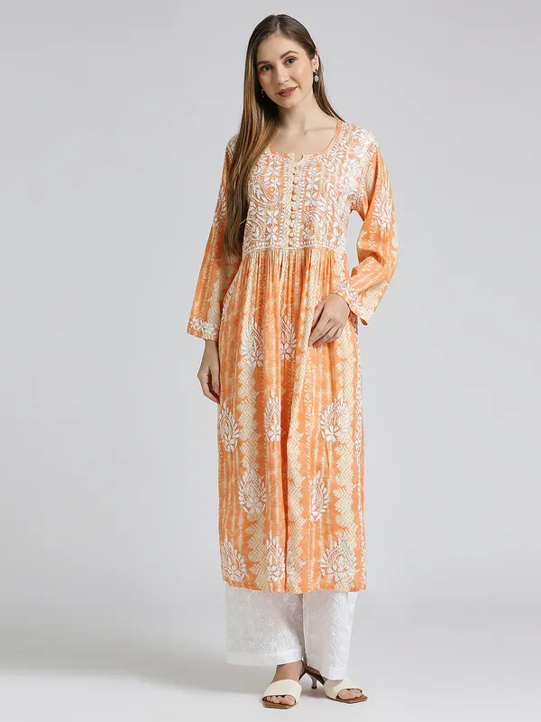 Orange_Lucknow_Chikankari_Hand_Embroidered_Nyra_Kurta_Women_Rayon_Slub