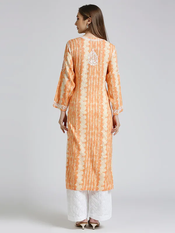 Orange_Lucknow_Chikankari_Hand_Embroidered_Nyra_Kurta_Women_Rayon_Slub