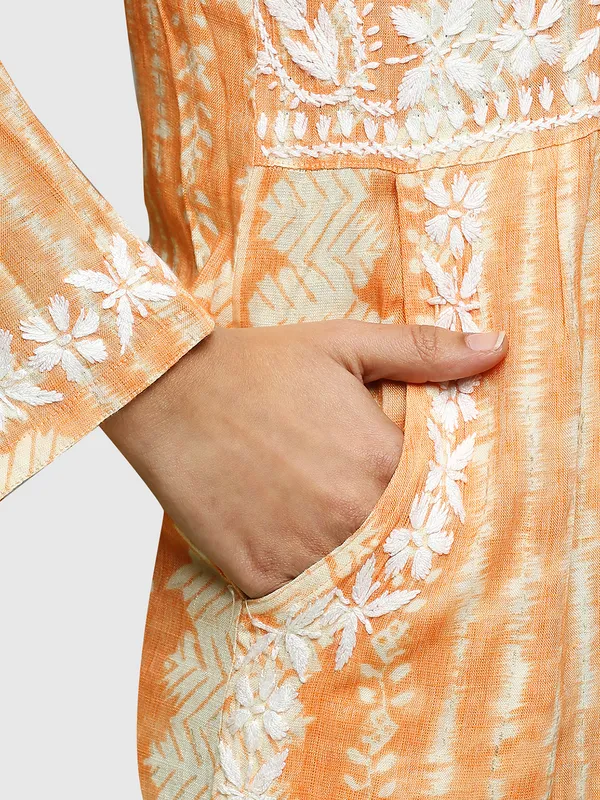 Orange_Lucknow_Chikankari_Hand_Embroidered_Nyra_Kurta_Women_Rayon_Slub