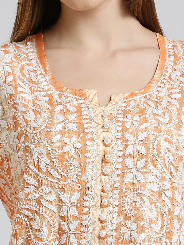 Orange_Lucknow_Chikankari_Hand_Embroidered_Nyra_Kurta_Women_Rayon_Slub