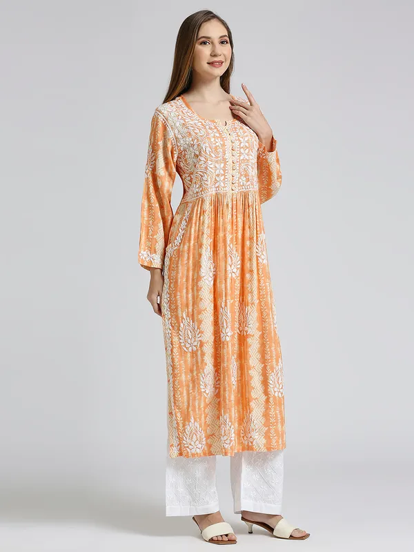 Orange_Lucknow_Chikankari_Hand_Embroidered_Nyra_Kurta_Women_Rayon_Slub