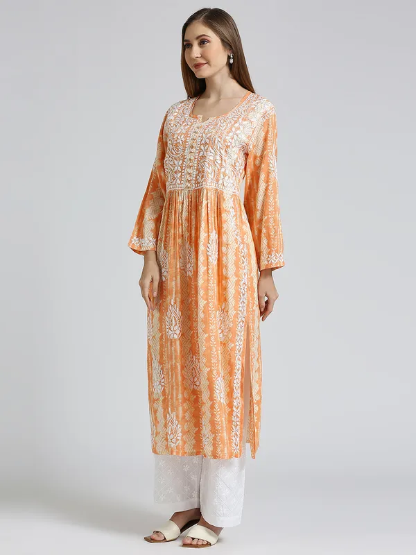 Orange_Lucknow_Chikankari_Hand_Embroidered_Nyra_Kurta_Women_Rayon_Slub