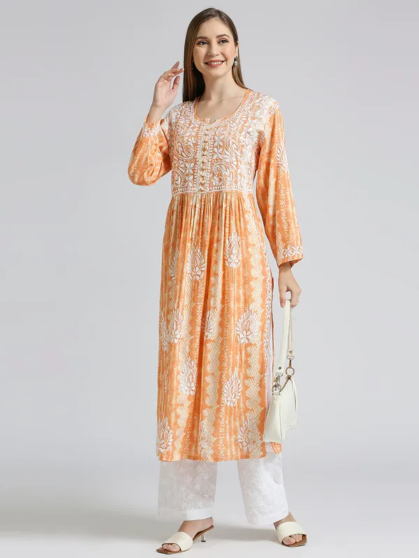 Orange_Lucknow_Chikankari_Hand_Embroidered_Nyra_Kurta_Women_Rayon_Slub
