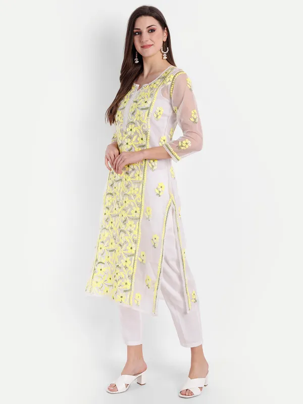 Sunshine_Yellow_Lucknow_Chikankari_Hand_Embroidered_Long_Kurti_With_Matching_Inner_Organza