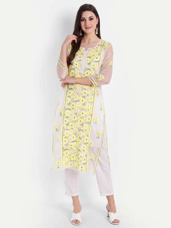 Sunshine_Yellow_Lucknow_Chikankari_Hand_Embroidered_Long_Kurti_With_Matching_Inner_Organza