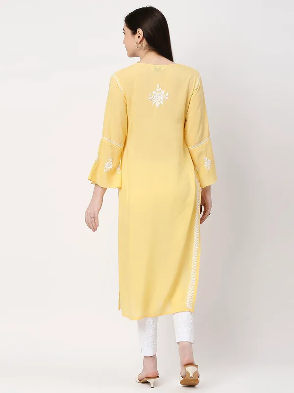 Sun_Yellow_Lucknow_Chikankari__Modal_Cotton_Long_Kurti_Hand_Embroidered_Bell_Sleeve_Kurta_Cotton