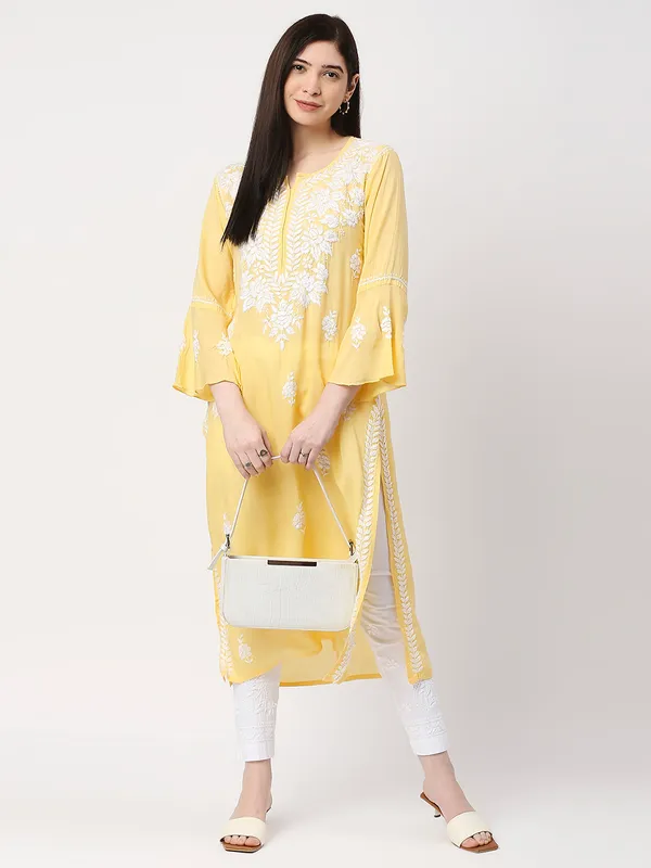Sun_Yellow_Lucknow_Chikankari__Modal_Cotton_Long_Kurti_Hand_Embroidered_Bell_Sleeve_Kurta_Cotton