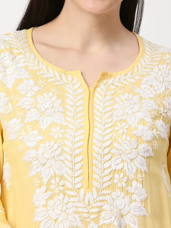 Sun_Yellow_Lucknow_Chikankari__Modal_Cotton_Long_Kurti_Hand_Embroidered_Bell_Sleeve_Kurta_Cotton