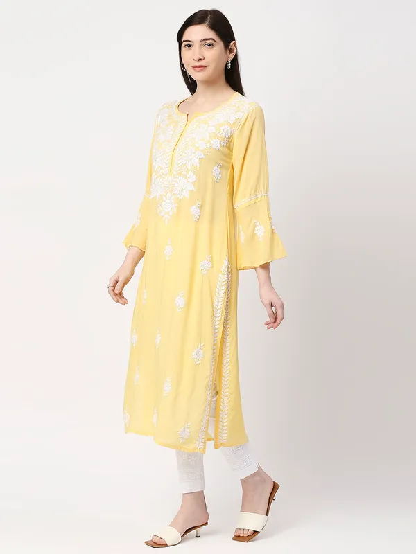 Sun_Yellow_Lucknow_Chikankari__Modal_Cotton_Long_Kurti_Hand_Embroidered_Bell_Sleeve_Kurta_Cotton