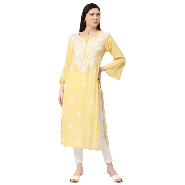 Sun_Yellow_Lucknow_Chikankari__Modal_Cotton_Long_Kurti_Hand_Embroidered_Bell_Sleeve_Kurta_Cotton