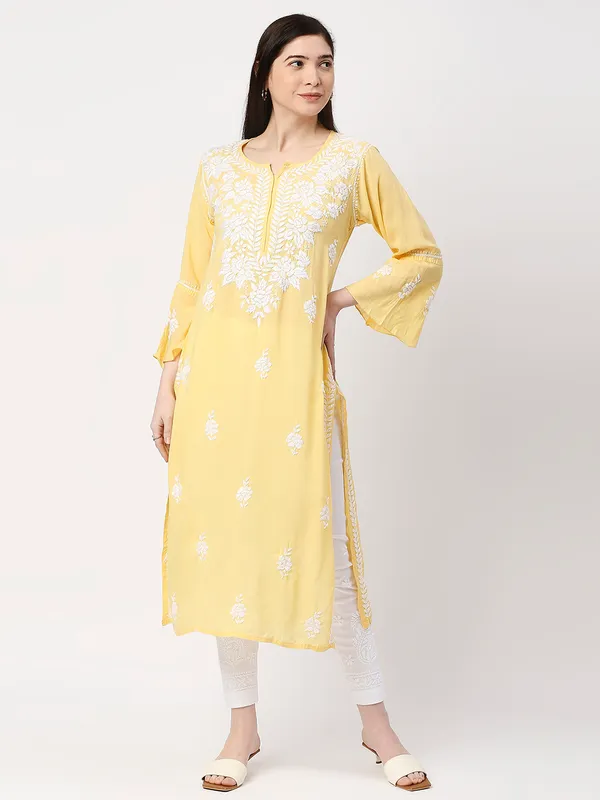 Sun_Yellow_Lucknow_Chikankari__Modal_Cotton_Long_Kurti_Hand_Embroidered_Bell_Sleeve_Kurta_Cotton
