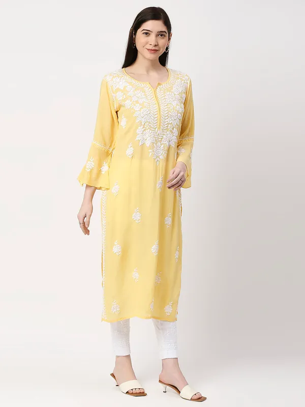 Sun_Yellow_Lucknow_Chikankari__Modal_Cotton_Long_Kurti_Hand_Embroidered_Bell_Sleeve_Kurta_Cotton