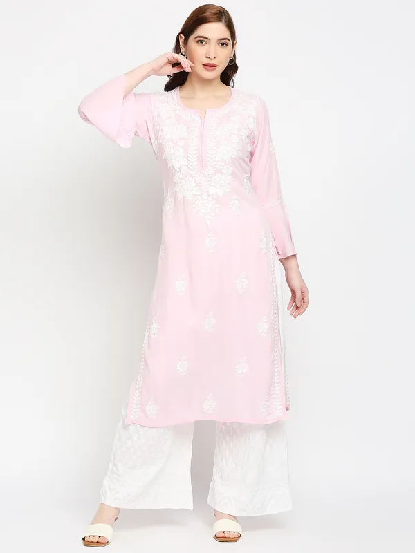 Maroon_Lucknow_Chikankari_Cotton_Long_Kurti_Hand_Embroidered_Bell_Sleeve_Kurta_Cotton