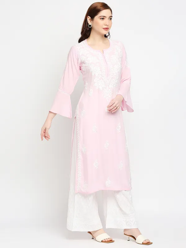 Maroon_Lucknow_Chikankari_Cotton_Long_Kurti_Hand_Embroidered_Bell_Sleeve_Kurta_Cotton