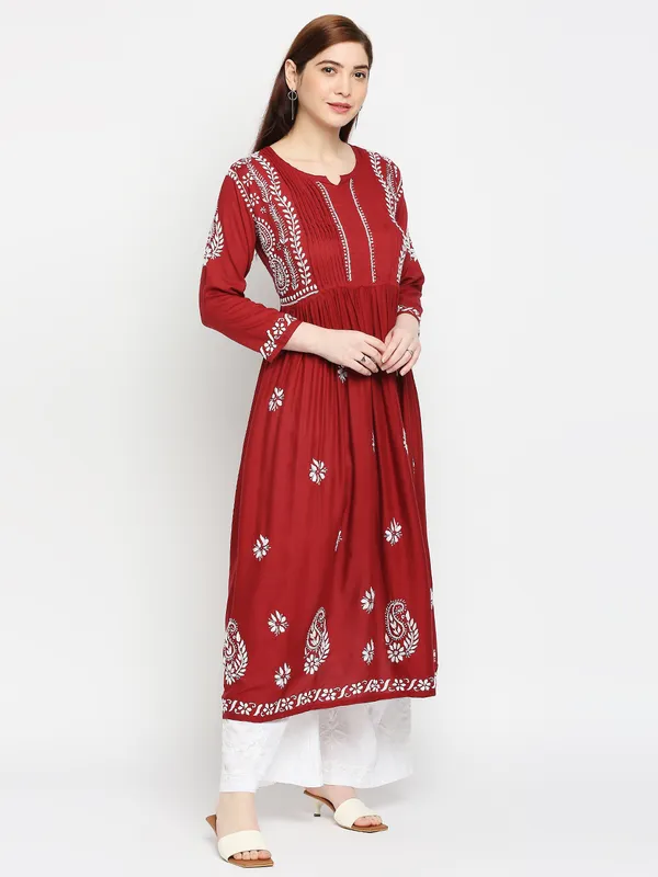 Maroon_Lucknow_Chikankari_Hand_Embroidered_Fit_&_Flare_Long_Kurti_Gown_Cotton