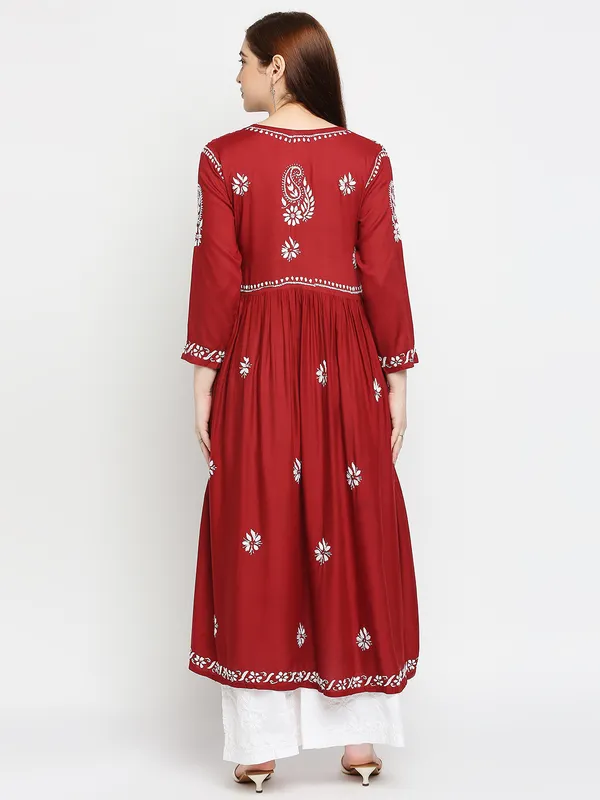 Maroon_Lucknow_Chikankari_Hand_Embroidered_Fit_&_Flare_Long_Kurti_Gown_Cotton