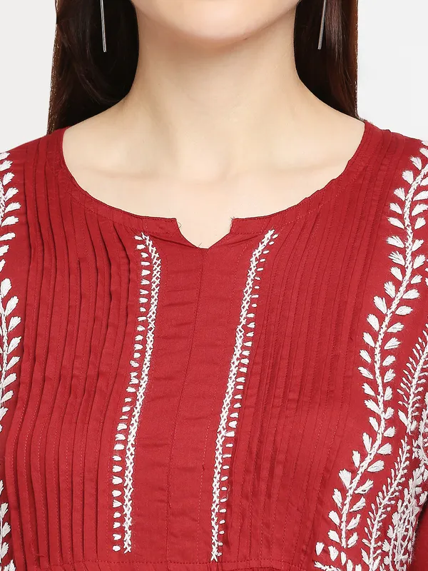 Maroon_Lucknow_Chikankari_Hand_Embroidered_Fit_&_Flare_Long_Kurti_Gown_Cotton