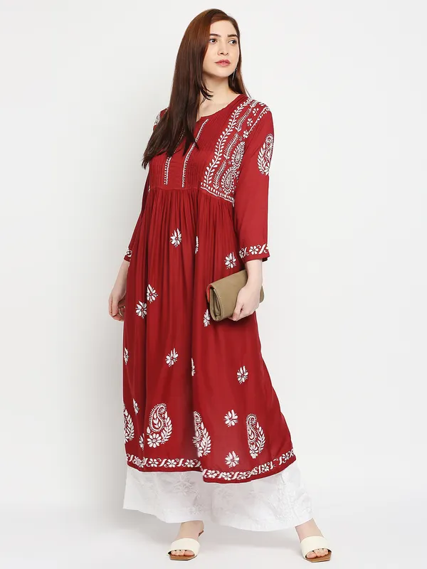 Maroon_Lucknow_Chikankari_Hand_Embroidered_Fit_&_Flare_Long_Kurti_Gown_Cotton