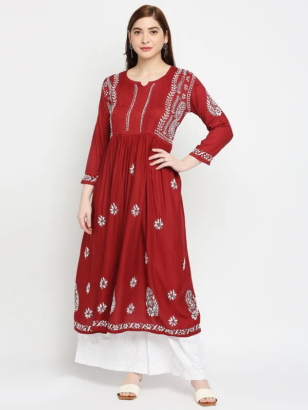 Maroon_Lucknow_Chikankari_Hand_Embroidered_Fit_&_Flare_Long_Kurti_Gown_Cotton