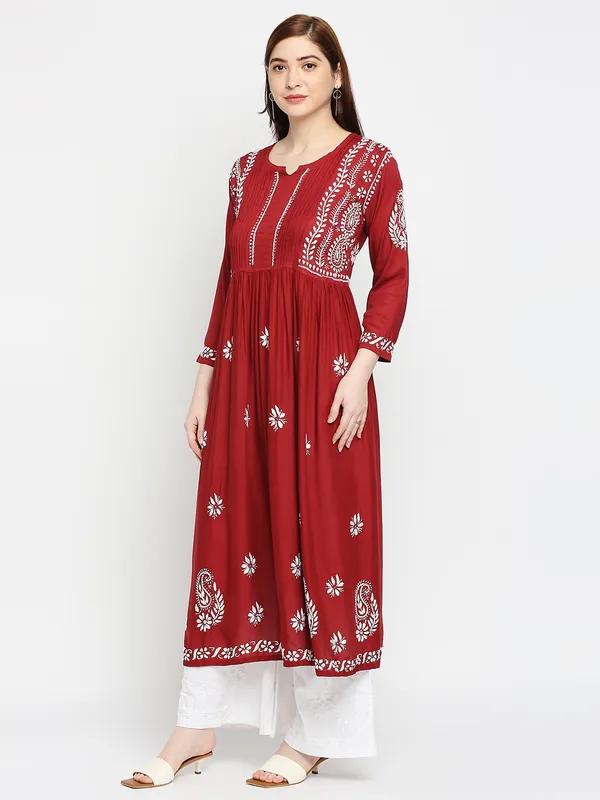 Maroon_Lucknow_Chikankari_Hand_Embroidered_Fit_&_Flare_Long_Kurti_Gown_Cotton