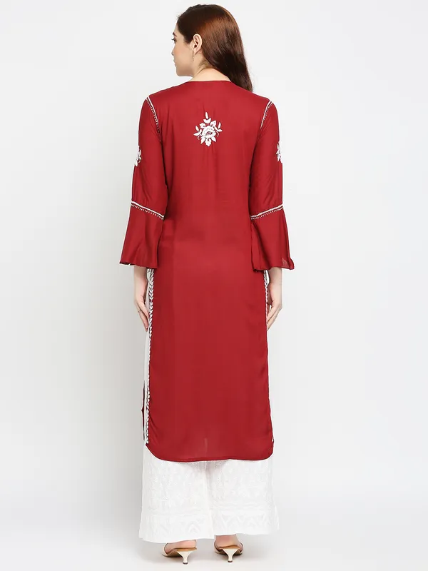 Maroon_Lucknow_Chikankari_Modal_Cotton_Long_Kurti_Hand_Embroidered_Bell_Sleeve_Kurta_Cotton