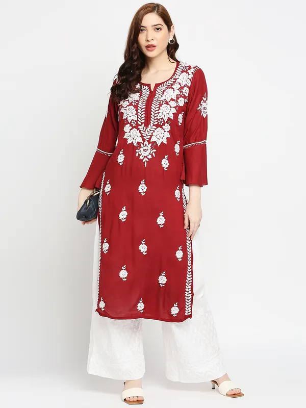 Maroon_Lucknow_Chikankari_Modal_Cotton_Long_Kurti_Hand_Embroidered_Bell_Sleeve_Kurta_Cotton