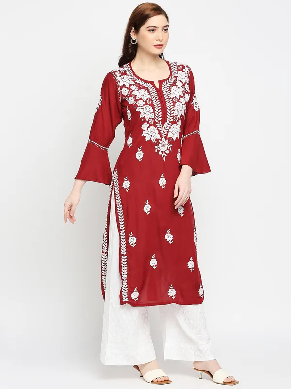 Maroon_Lucknow_Chikankari_Modal_Cotton_Long_Kurti_Hand_Embroidered_Bell_Sleeve_Kurta_Cotton