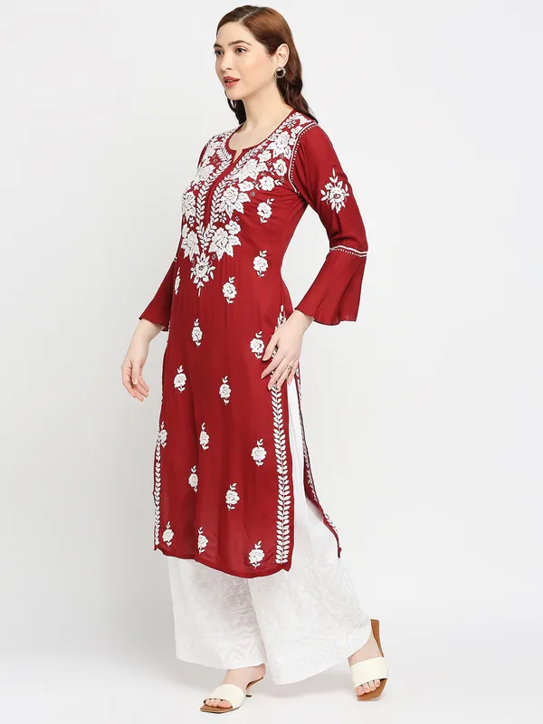 Maroon_Lucknow_Chikankari_Modal_Cotton_Long_Kurti_Hand_Embroidered_Bell_Sleeve_Kurta_Cotton