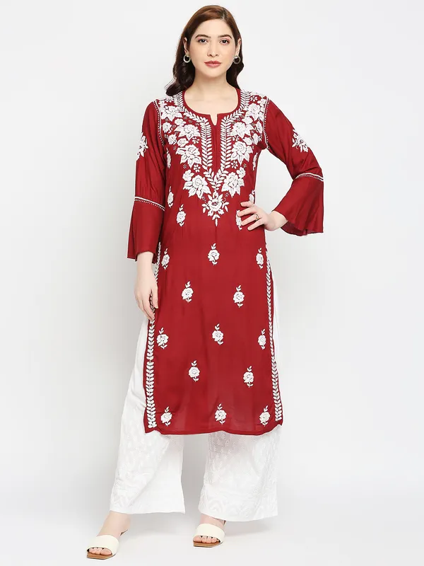 Maroon_Lucknow_Chikankari_Modal_Cotton_Long_Kurti_Hand_Embroidered_Bell_Sleeve_Kurta_Cotton