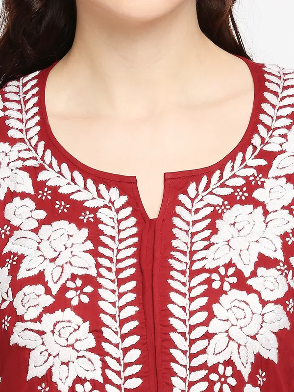 Maroon_Lucknow_Chikankari_Modal_Cotton_Long_Kurti_Hand_Embroidered_Bell_Sleeve_Kurta_Cotton