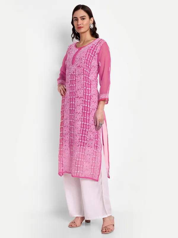 Fuchsia_Pink_Lucknow_Chikankari_Hand_Embroidered_Long_Kurta_With_Matching_Slip_Georgette