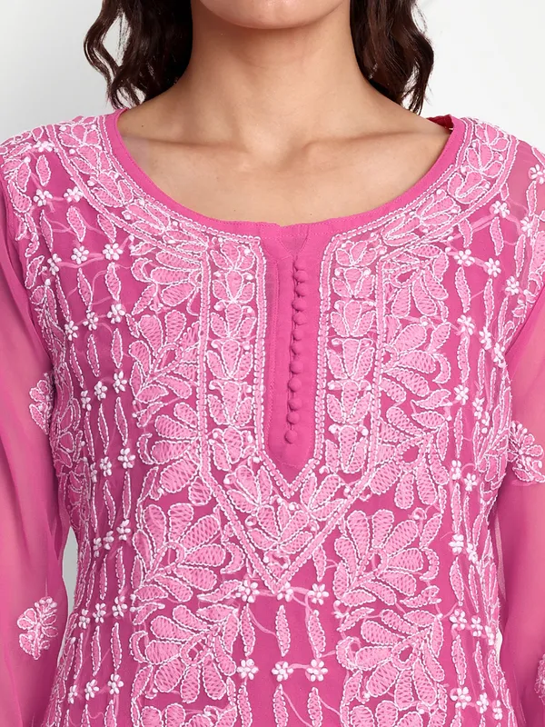 Fuchsia_Pink_Lucknow_Chikankari_Hand_Embroidered_Long_Kurta_With_Matching_Slip_Georgette