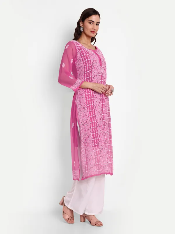 Fuchsia_Pink_Lucknow_Chikankari_Hand_Embroidered_Long_Kurta_With_Matching_Slip_Georgette