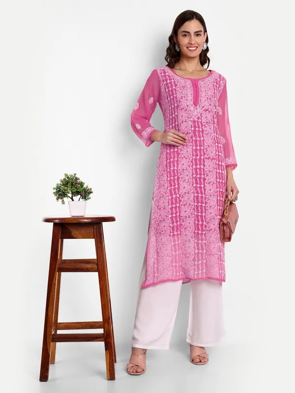 Fuchsia_Pink_Lucknow_Chikankari_Hand_Embroidered_Long_Kurta_With_Matching_Slip_Georgette