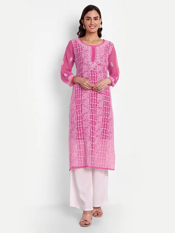 Fuchsia_Pink_Lucknow_Chikankari_Hand_Embroidered_Long_Kurta_With_Matching_Slip_Georgette