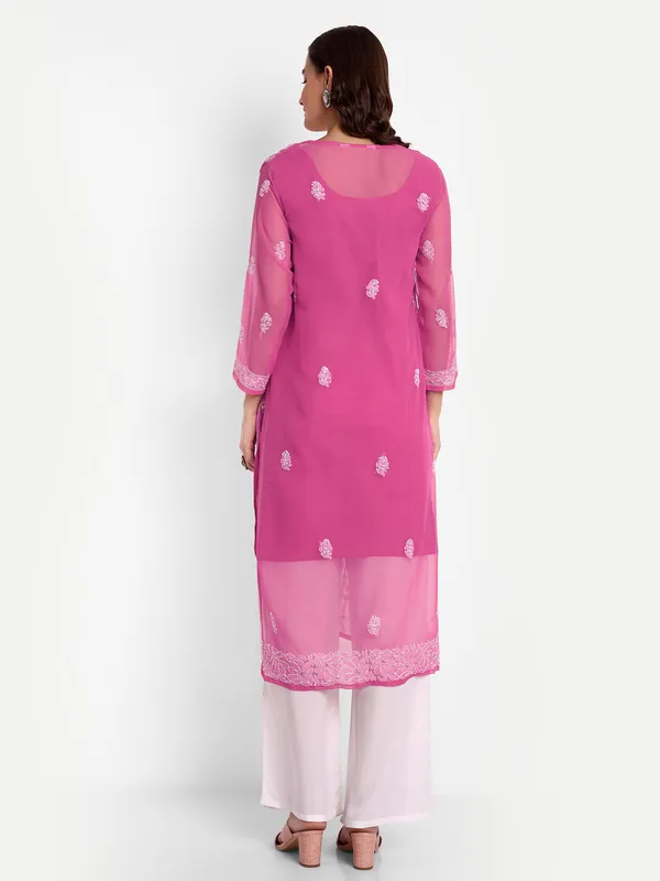 Fuchsia_Pink_Lucknow_Chikankari_Hand_Embroidered_Long_Kurta_With_Matching_Slip_Georgette