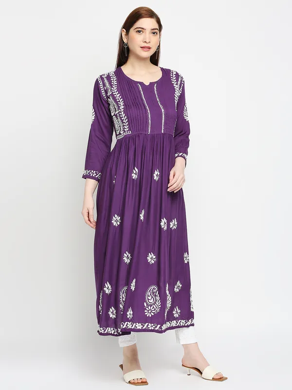 Maroon_Lucknow_Chikankari_Hand_Embroidered_Fit_&_Flare_Long_Kurti_Gown_Cotton