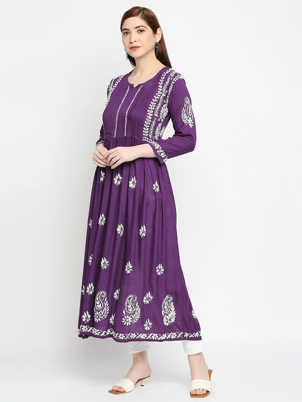 Maroon_Lucknow_Chikankari_Hand_Embroidered_Fit_&_Flare_Long_Kurti_Gown_Cotton
