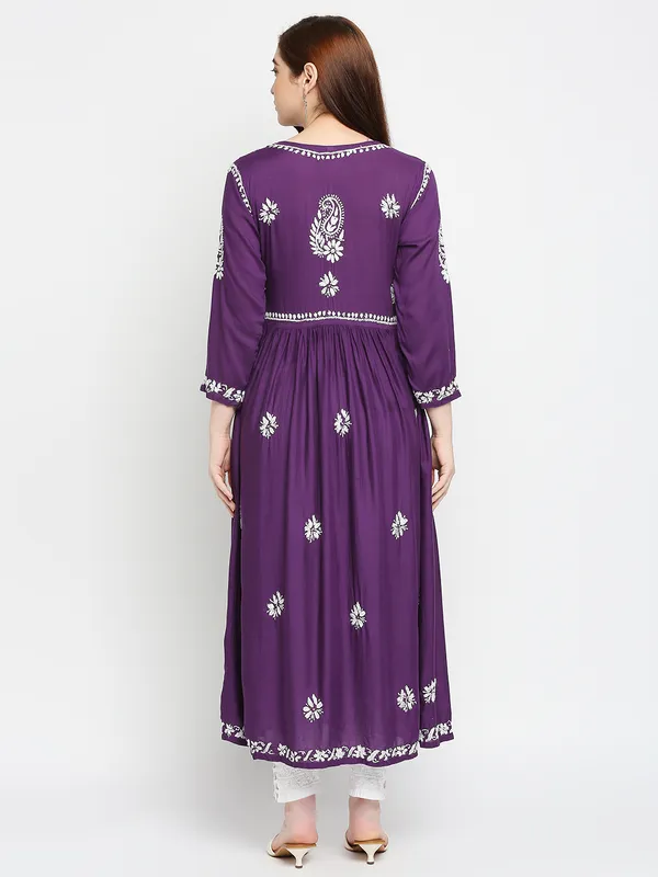 Maroon_Lucknow_Chikankari_Hand_Embroidered_Fit_&_Flare_Long_Kurti_Gown_Cotton