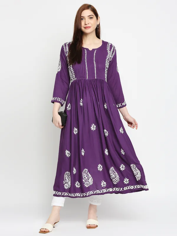 Maroon_Lucknow_Chikankari_Hand_Embroidered_Fit_&_Flare_Long_Kurti_Gown_Cotton