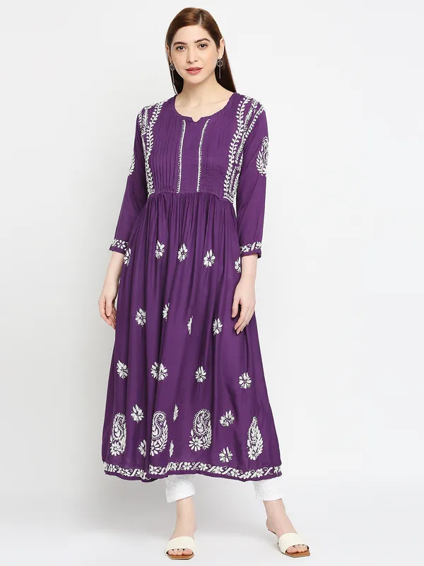 Maroon_Lucknow_Chikankari_Hand_Embroidered_Fit_&_Flare_Long_Kurti_Gown_Cotton