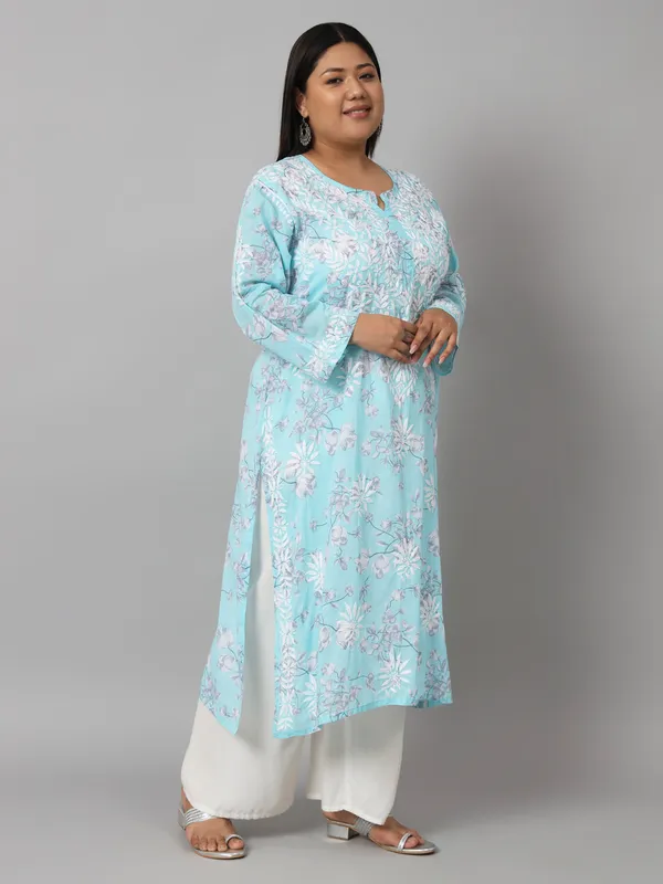 Sky_Blue_Chikankari_Hand_Embroidered_Kurta_Plus_Size_Mulmul_Cotton
