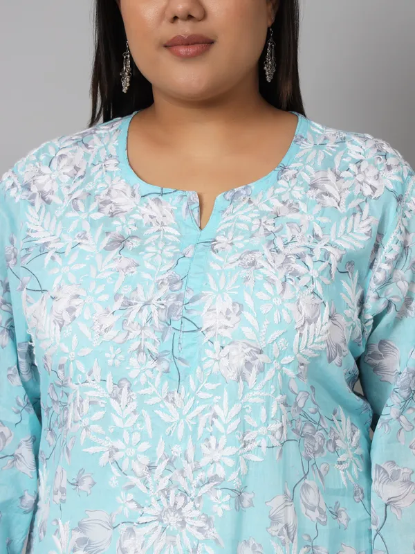 Sky_Blue_Chikankari_Hand_Embroidered_Kurta_Plus_Size_Mulmul_Cotton