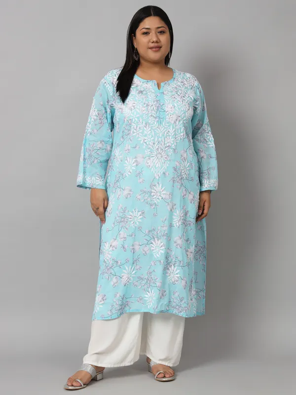 Sky_Blue_Chikankari_Hand_Embroidered_Kurta_Plus_Size_Mulmul_Cotton
