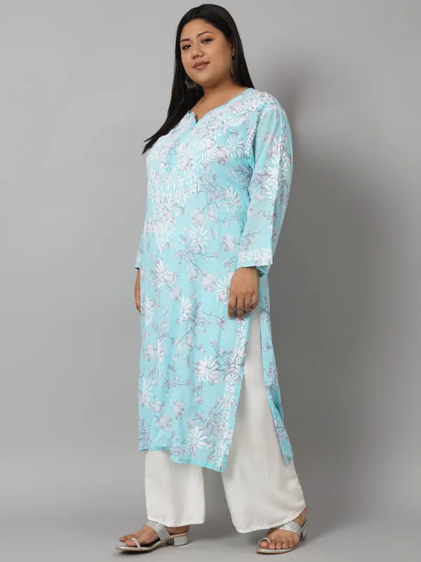 Sky_Blue_Chikankari_Hand_Embroidered_Kurta_Plus_Size_Mulmul_Cotton